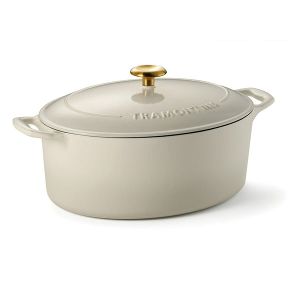 Tramontina Bestow 7-Quart Enameled Cast Iron Oval Dutch Oven with Lid, Latte with Gold Knob, Oven-Safe