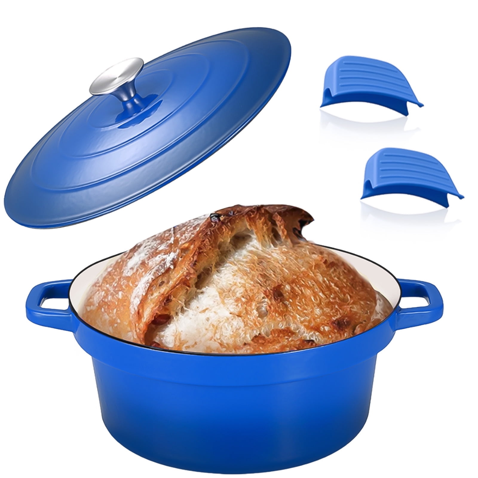 JT 7 Quart Enameled Cast Iron Pots Dutch Oven with Free Dual Handle, Blue