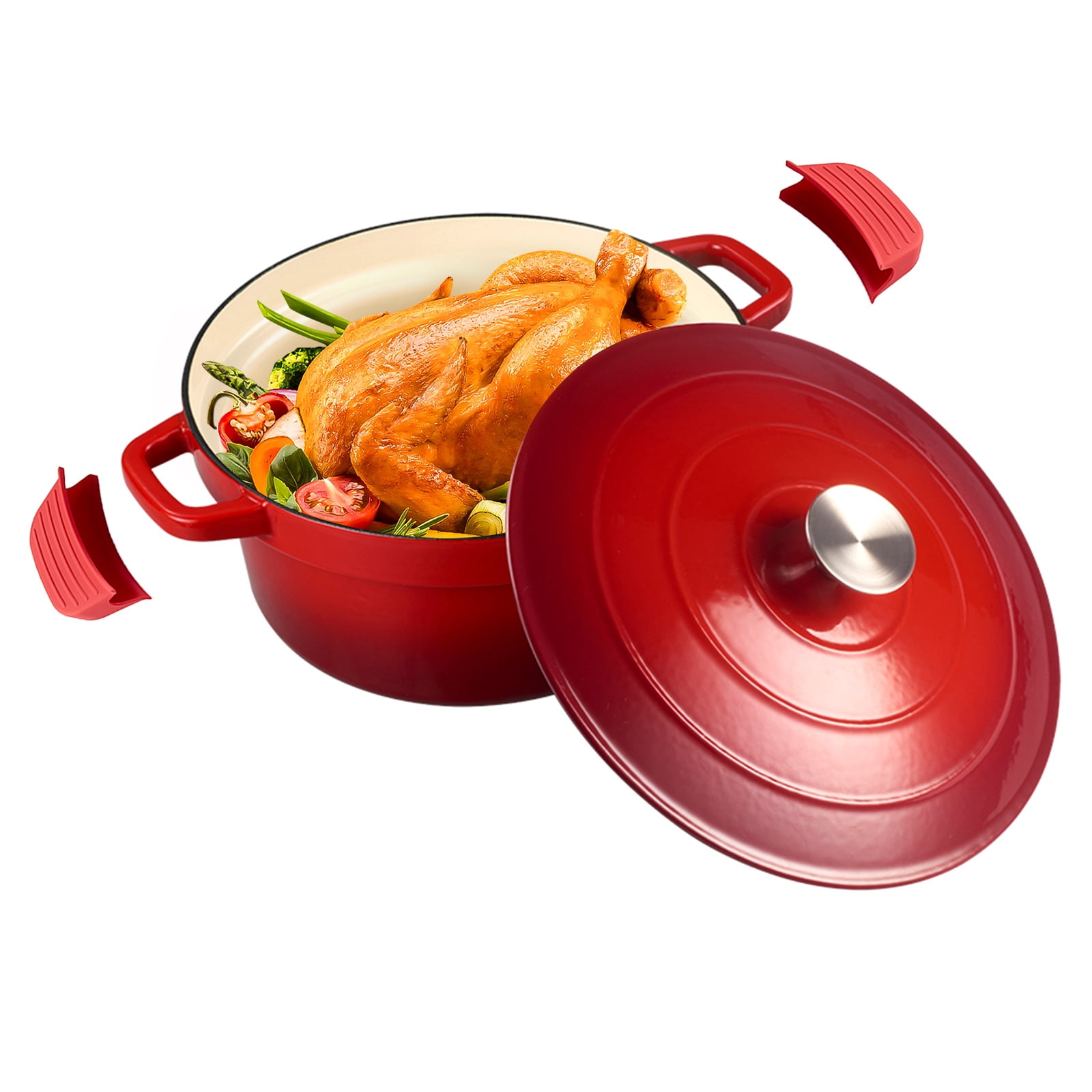 6QT Enameled Cast Iron Dutch Oven Pot with lid, Free Silicone Gloves and 50 Pcs Baking Paper Liner, Heavy-Duty & Non-stick Enamel Coated Cookware for Cooking, Bread Baking, Roasting, Red