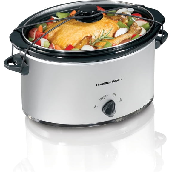 7-Quart Portable Slow Cooker Serves 8+, Dishwasher Safe Crock, Lid Latch Strap for Travel, Brushed Silver