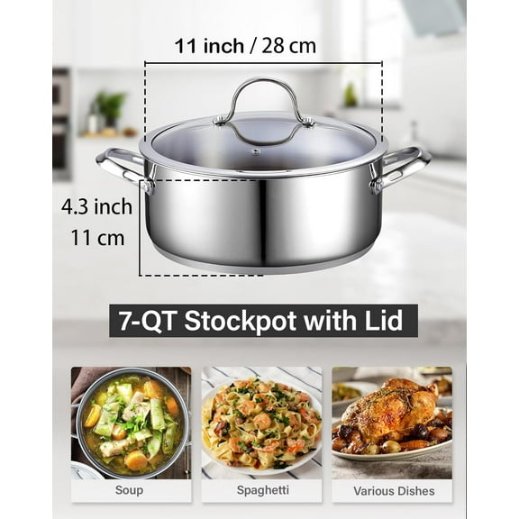 7-Quart Stainless Steel Dutch Oven with Glass Lid, Multi-Purpose Cooking Pot for Soups, Stews, and More