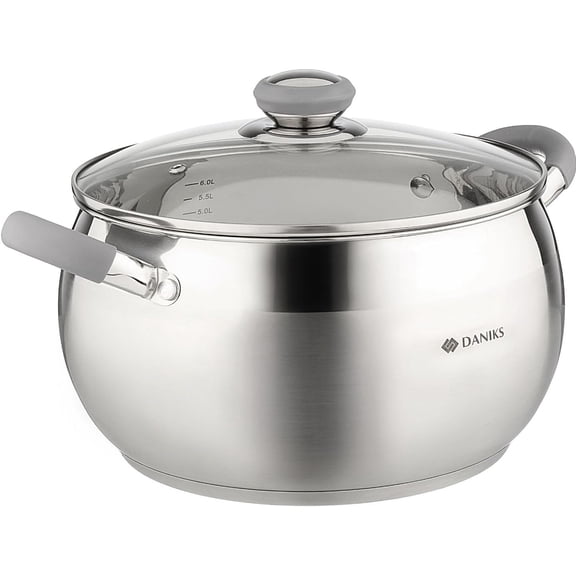 7 Quart Stainless Steel Stock Pot with Glass Lid Tri-Ply Bottom Induction Compatible Dishwasher Safe