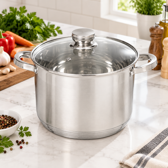 7 Quarts Stainless Steel Stock Pot with Glass Lid, Even Heating Base, Induction Compatible