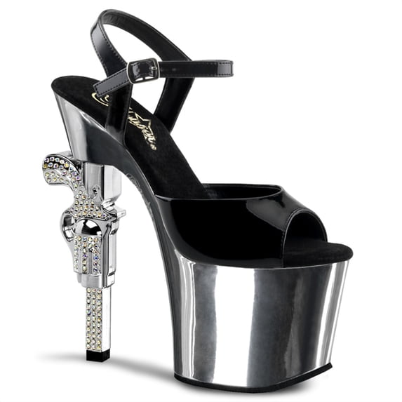 7" R/S Embellished Gun Heel, 3 1/4" PF Ankle Strap Sandal - Blk/Slv Chrome, 10