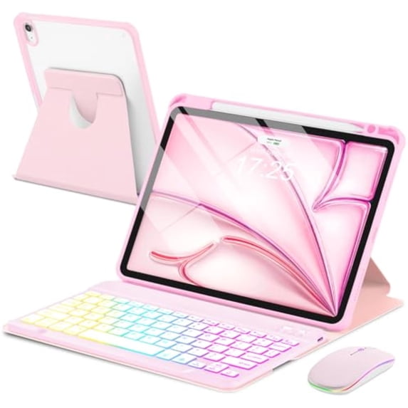 7 Rainbow Backlight Rechargeable Detachable Keyboard Kit with Silent Mouse, 360 Swivel Magnetic Stand Case & Pencil Holder for iPad Air 4/5/6/7 10.9/11 M Series,Pink