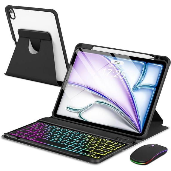 7 Rainbow Backlight Rechargeable Detachable Keyboard Kit with Silent Mouse, 360 Swivel Magnetic Stand Case & Pencil Holder for iPad Air 4/5/6/7 10.9/11 M Series,Black