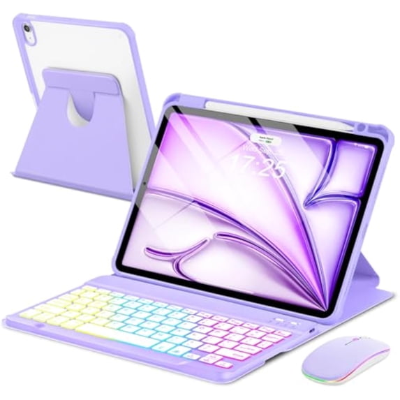 7 Rainbow Backlight Rechargeable Detachable Keyboard Kit with Silent Mouse, 360 Swivel Magnetic Stand Case & Pencil Holder for iPad Air 4/5/6/7 10.9/11 M Series,Purple