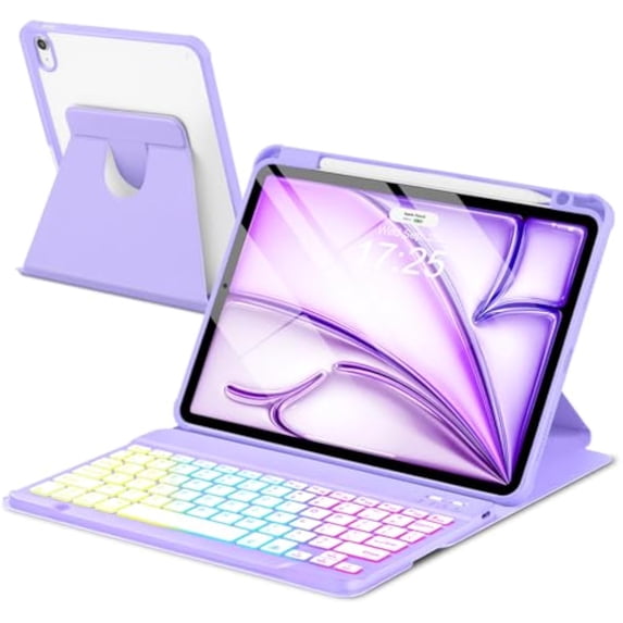 7 Rainbow Backlight Rechargeable Detachable Keyboard Kit with Silent Mouse, 360 Swivel Magnetic Stand Case & Pencil Holder for iPad Air 4/5/6/7 10.9/11 M Series,Violet
