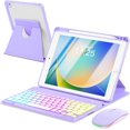 thumbnail image 1 of 7 Rainbow Backlight Rechargeable Detachable Keyboard Kit with Silent Wireless Mouse, 360 Swivel Adjustable Stand Case with Pencil Storage for iPad 7/8/9 10.2 inch, iPad Air 3 / Pro 10.5，Purple, 1 of 18