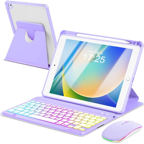 7 Rainbow Backlight Rechargeable Detachable Keyboard Kit with Silent Wireless Mouse, 360 Swivel Adjustable Stand Case with Pencil Storage for iPad 7/8/9 10.2 inch, iPad Air 3 / Pro 10.5,Purple