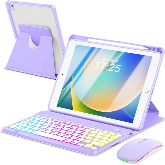 7 Rainbow Backlight Rechargeable Detachable Keyboard Kit with Silent Wireless Mouse, 360 Swivel Adjustable Stand Case with Pencil Storage for iPad 7/8/9 10.2 inch, iPad Air 3 / Pro 10.5,Purple
