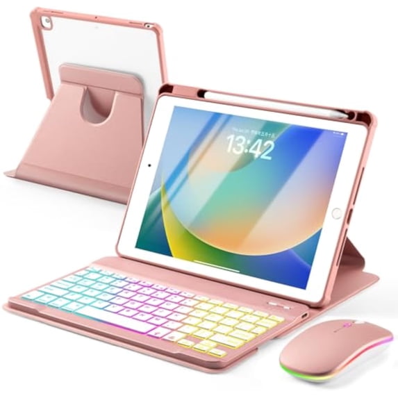 7 Rainbow Backlight Rechargeable Detachable Keyboard Kit with Silent Wireless Mouse, 360 Swivel Adjustable Stand Case with Pencil Storage for iPad 7/8/9 10.2 inch, iPad Air 3 / Pro 10.5,Rose Gold
