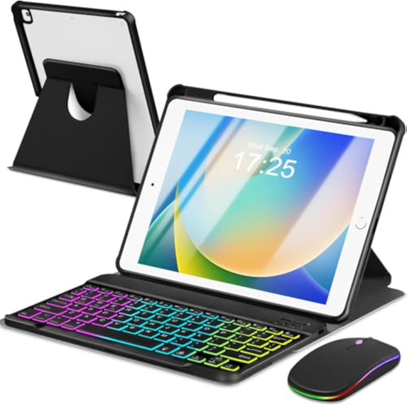 7 Rainbow Backlight Rechargeable Detachable Keyboard Kit with Silent Wireless Mouse, 360 Swivel Adjustable Stand Case with Pencil Storage for iPad 7/8/9 10.2 inch, iPad Air 3 / Pro 10.5,Black