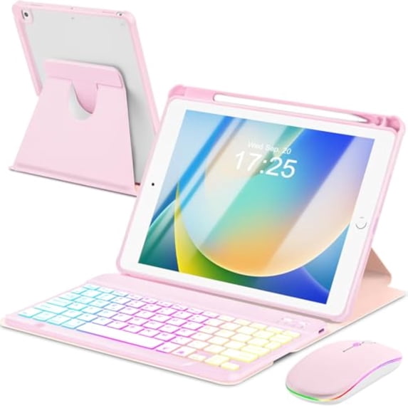 7 Rainbow Backlight Rechargeable Detachable Keyboard Kit with Silent Wireless Mouse, 360 Swivel Adjustable Stand Case with Pencil Storage for iPad 7/8/9 10.2 inch, iPad Air 3 / Pro 10.5,Pink