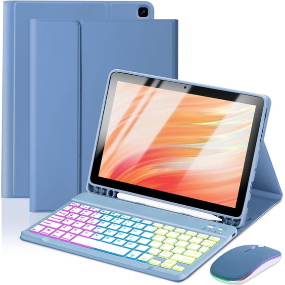 7 Rainbow Backlight Rechargeable Detachable Keyboard Kit with Silent Wireless Mouse, Blue Magnetic Stand Case & Pen Slot for Amazon Fire HD 10 11th/13th Generation