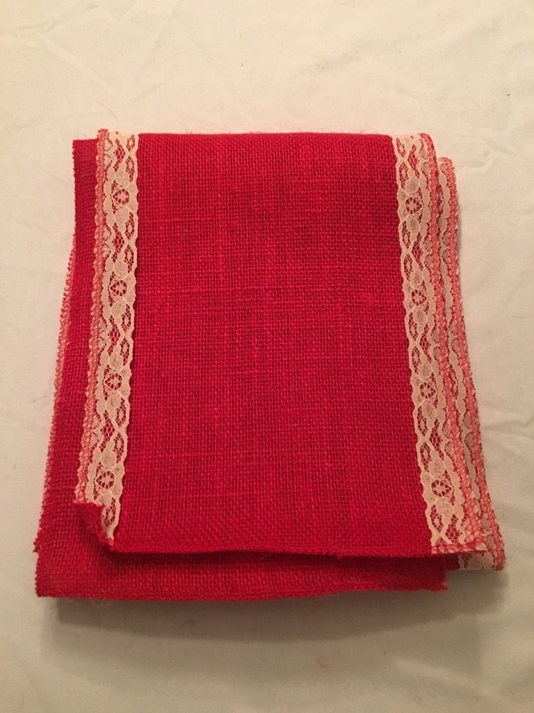 7 Red Burlap Ribbon With Ivory Floral Lace 6 Foot Length-,