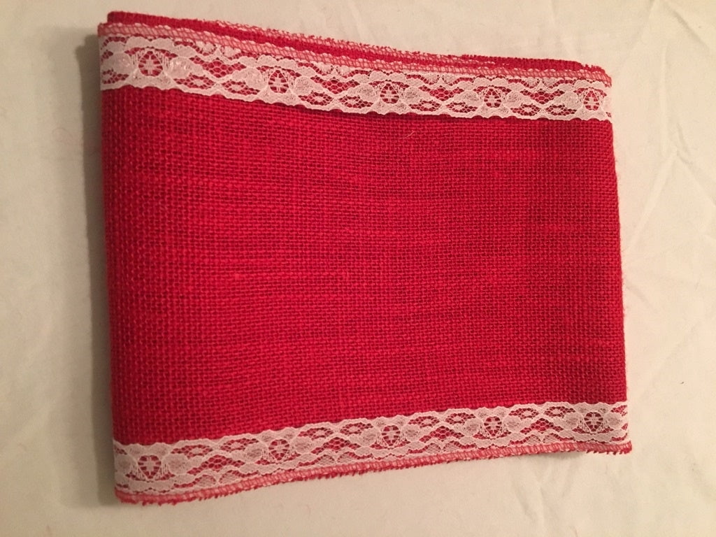 7 Red Burlap Ribbon With White Floral Lace 6 Foot Length-,