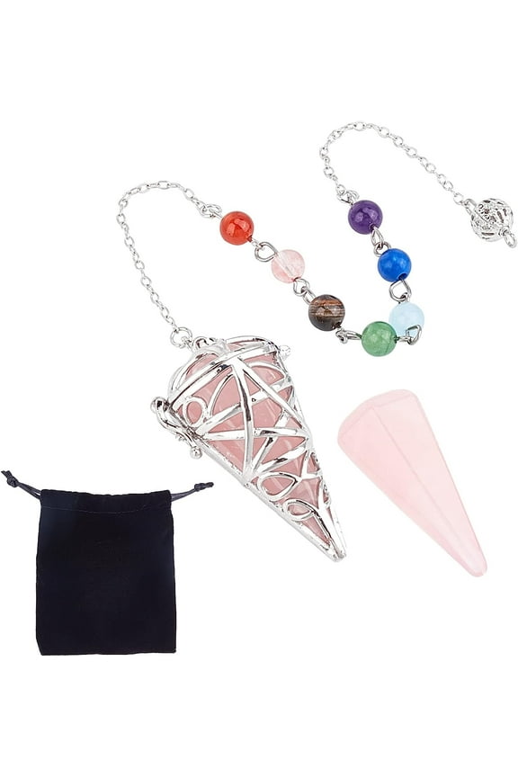 7 Reiki Gemstone Rose Quartz Dowsing Pendulum Reiki Pendants Silver Locket Pendant Pendulum for Divination Scrying Making DIY