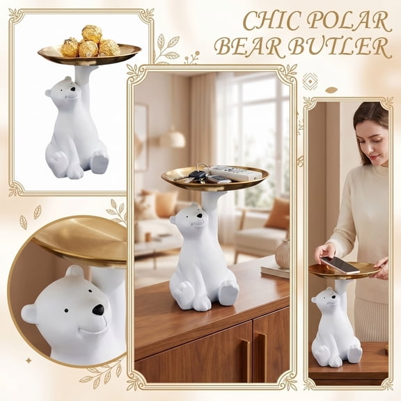 7" Resin Bear Sculpture with Metal Tray Animal Figurine Ornament Standing Statue Candy Dish Decorative Tray for Keys Home Table Desk Decoration Bear , A
