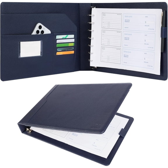7-Ring Business Check Binder for 9 x 13 Sheets, 600 Checks Capacity PU Leather Portfolio with Storage Organizer & Zippered Pouch for 3--a-Page Business Checks