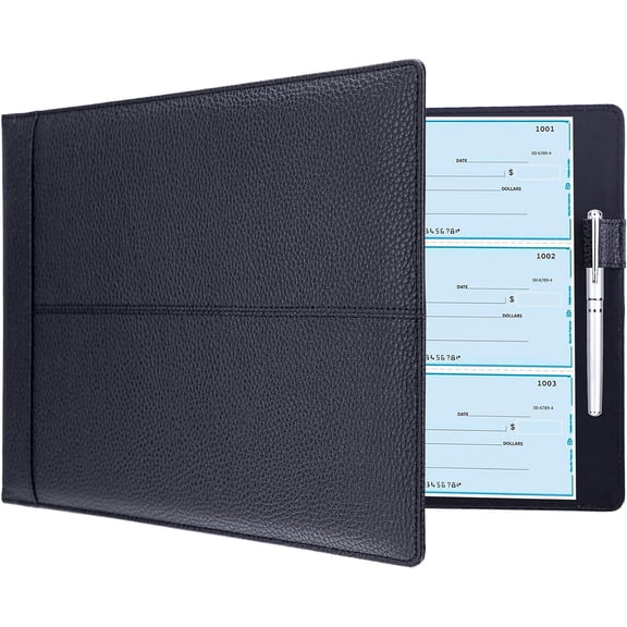 7 Ring Business Checkbook Binder for Business Checks, 600 Checks Capacity, PU Leather Check Book Binder Cover with Zipper Pouch, Executive Organizer Portfolio Holder for 9x13 Inch Sheets, Black