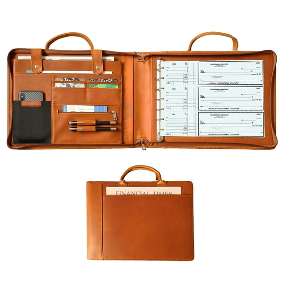 7 Ring Check Binder Cowhide Leather Check Portfolio for 3-Up Business Checks, Check Book Binder with Handle, Zippered Check Holder with 500 Check Capacity, Personalized Checkbook