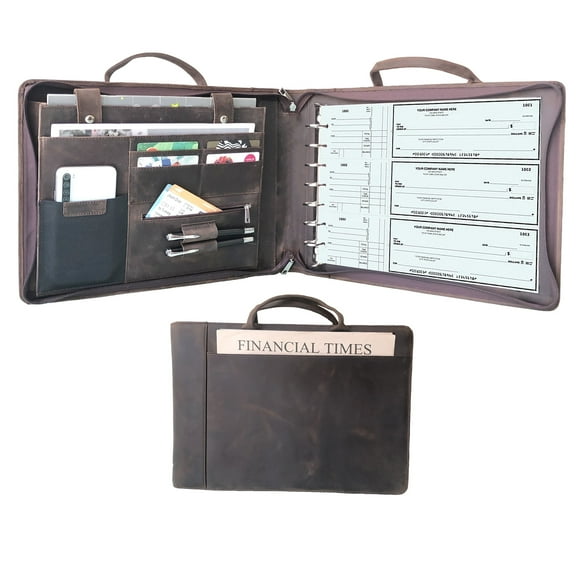 7 Ring Check Binder Cowhide Leather Check Portfolio for 3-Up Business Checks, Check Book Binder with Handle, Zippered Check Holder with 500 Check Capacity, Personalized Checkbook