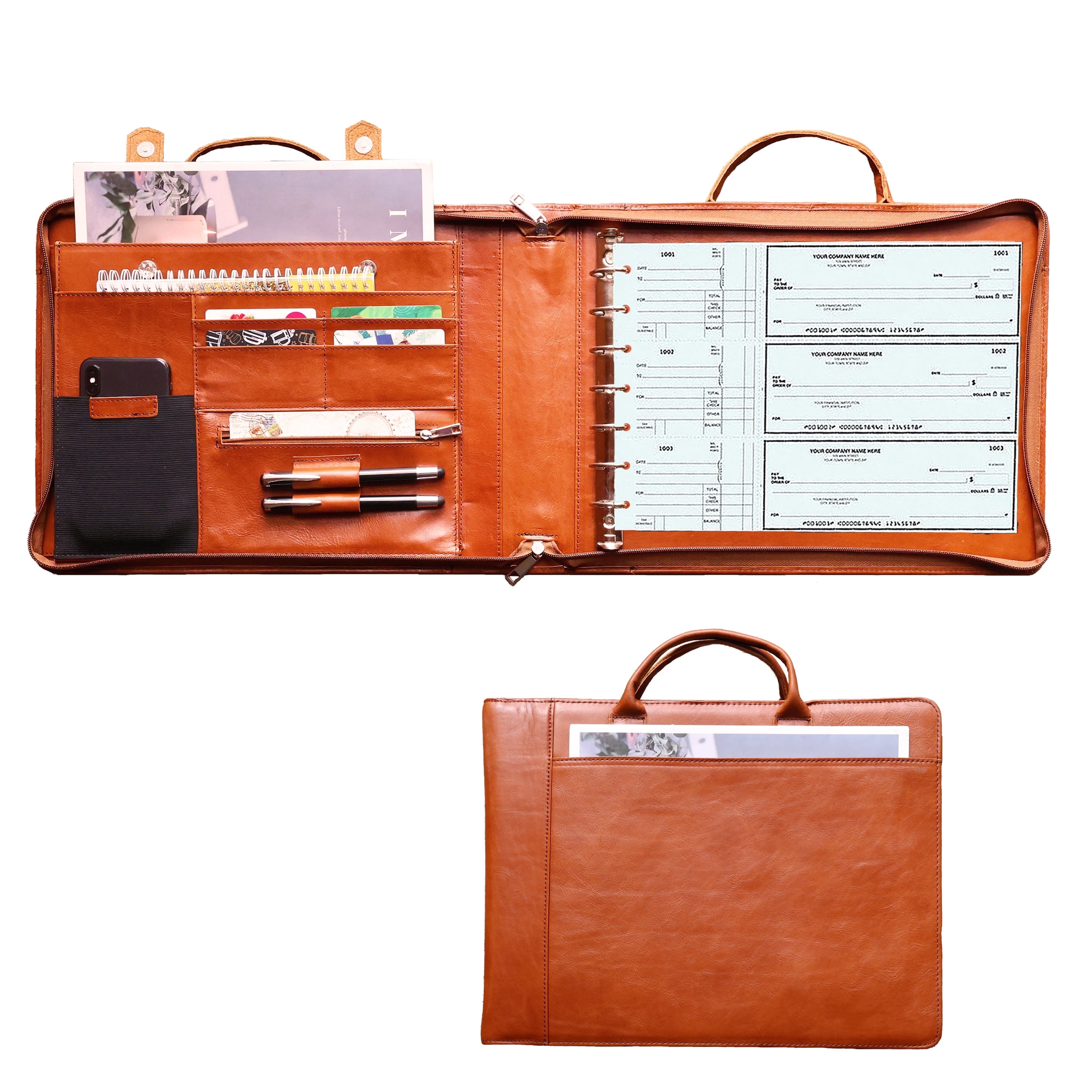 7 Ring Check Binder Cowhide Leather Check Portfolio for 3-Up Business Checks, Check Book Binder with Handle, Zippered Check Holder with 500 Check Capacity, Personalized Checkbook