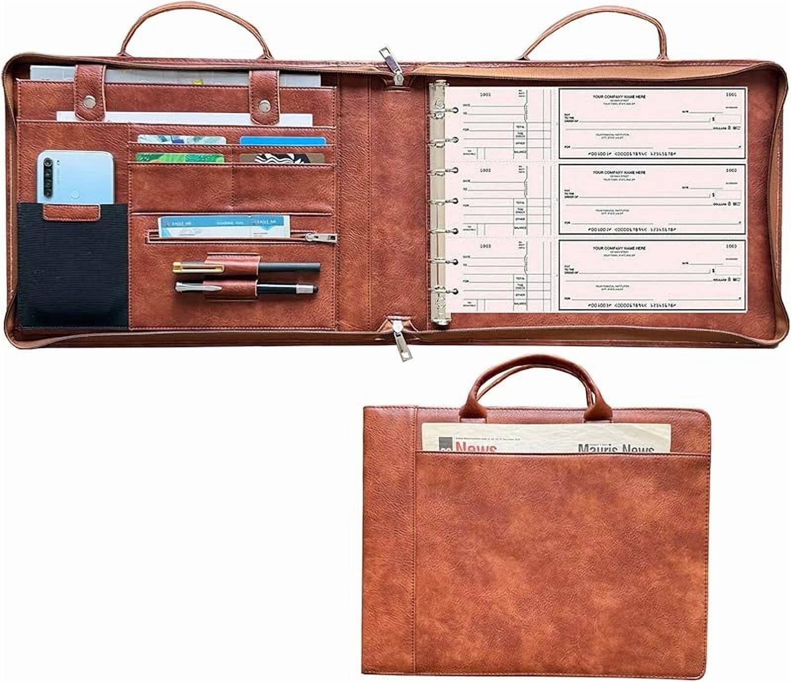 7 Ring Check Binder Vegan Leather Portfolio for 3-Up Business Size Checks, with Handle and Zippered Briefcase with 500 Check Capacity，9 x 13 inch Sheets (Hua Brown, Standard) (Hua Brown)