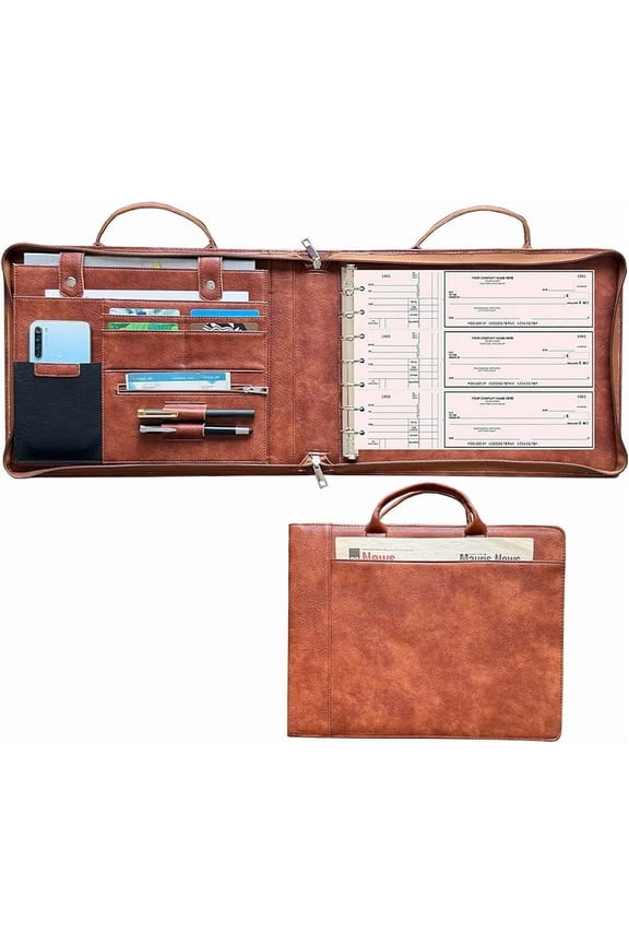 7 Ring Check Binder Vegan Leather Portfolio for 3-Up Business Size Checks, with Handle and Zippered Briefcase with 500 Check Capacity,9 x 13 inch Sheets (Hua Brown, Standard) (Hua Brown)