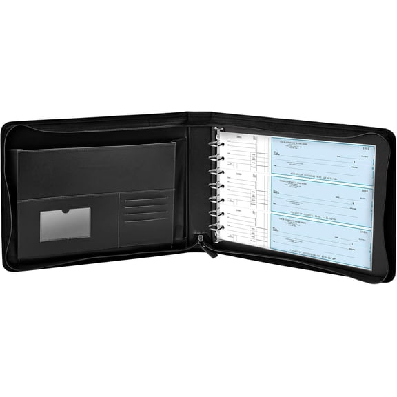 7 Ring Checkbook Binder for Business Checks, PU Check Binder Portfolio with Zipper,600 Checks Capacity,for Executive and Personal Use (Black)