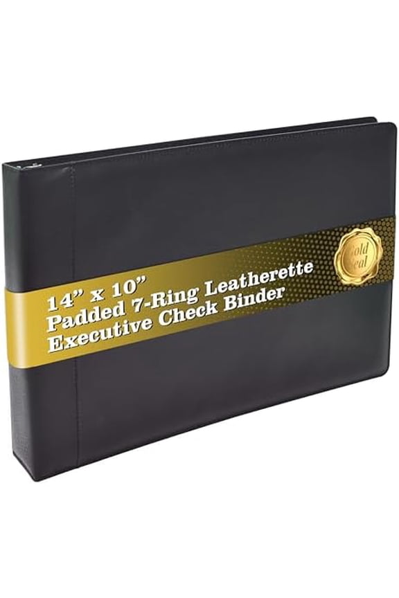 7 Ring Executive Check Binder with Zipper Pouch, Padded Black Textured Premium Leatherette Cover, for 9" x 13" 3 Per Page Business Checks, 600 Check Capacity Checkbook Holder$$Office