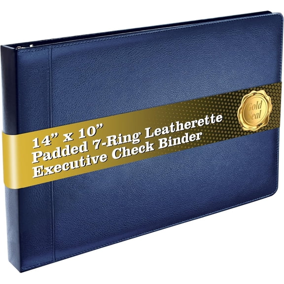 7 Ring Executive Check Binder with Zipper Pouch, Padded Textured Premium Leatherette Cover, for 9" x 13" 3 Per Page Business Checks, 600 Capacity Checkbook Holder (Blue)