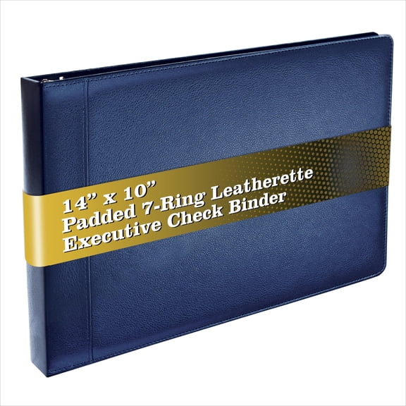 7 Ring Executive Check Binder with Zipper Pouch, Padded Textured Premium Leatherette Cover, for 9" x 13" 3 Per Page Business Checks, 600 Check Capacity Checkbook Holder (Blue)
