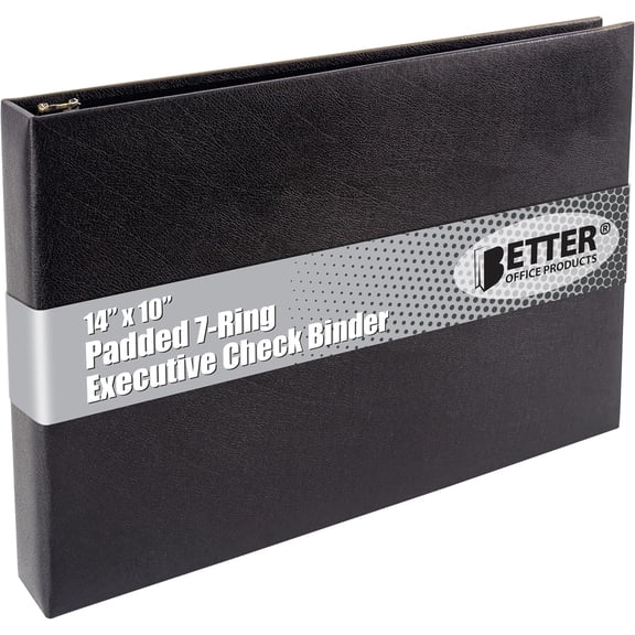 7 Ring Executive Check Binder with Zipper Pouch, Padded Black Textured Cover, for 9" x 13" 3 Per Page Business Checks, 600 Capacity Checkbook Holder