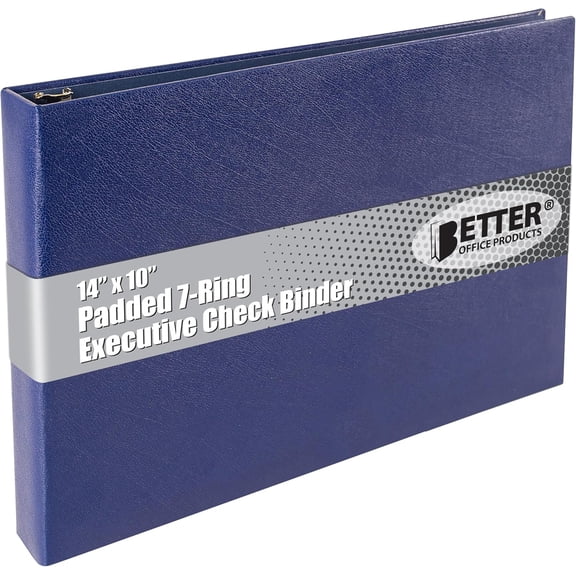 7 Ring Executive Check Binder with Zipper Pouch, Padded Blue Textured Cover, for 9" x 13" 3 Per Page Business Checks, 600 Capacity Checkbook Holder