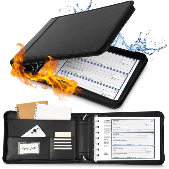 7 Ring Fireproof Business Checkbook Binder with Zipper 1.5 Inch D Rings Check Binder 9 x 13 Inch Checks 600 Sheets Capacity in Storage Organizer for Office Storage(Black)