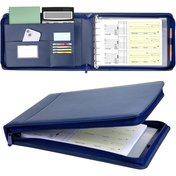7 Ring PU Leather Check Binder with Zipper Pouch, Holds 600 Checks, Executive Size for 9 13 Inch Sheets, Blue