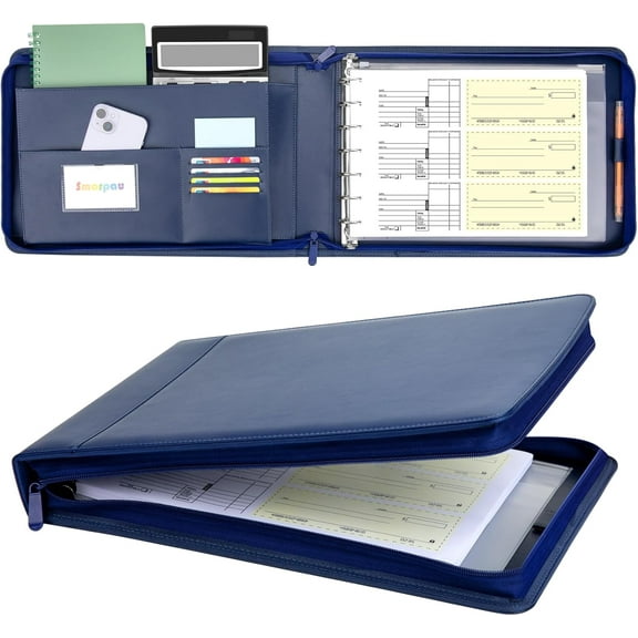 7 Ring PU Leather Check Binder with Zipper Pouch, Holds 600 Checks, Executive Size for 9 13 Inch Sheets, Blue
