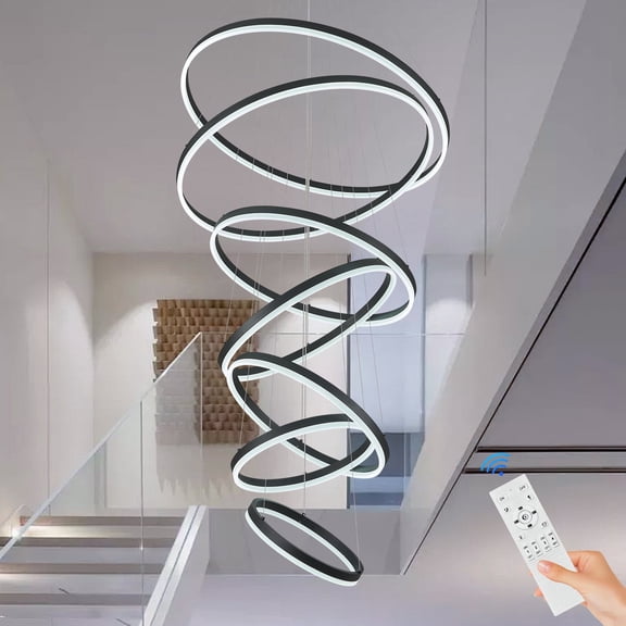 7-Rings D31.5" Modern LED Chandelier Black Dimmable High Ceiling Chandeliers Foyer with Remote Control for Staircase Entryway Dining Room Living Room, 3000K-6500K