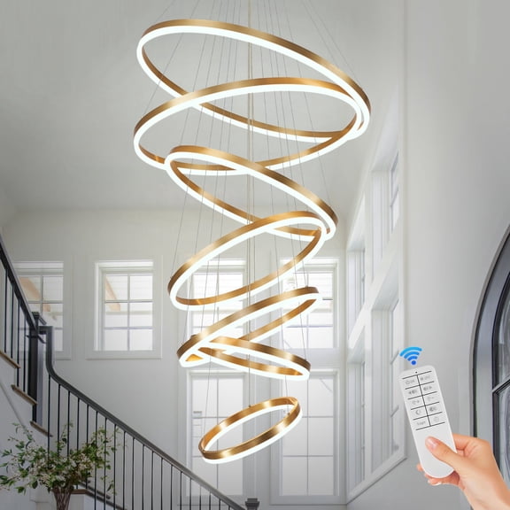 7 Rings Modern LED Chandelier Gold Dimmable Large Foyer Chandeliers Entryway High Ceiling for Staircase, High Ceiling Pendant Lights for Entryway Living Room, 3000K-6500K