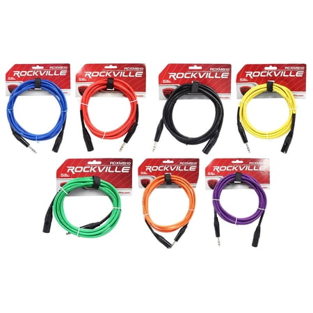 7 Rockville 10' Male REAN XLR to 1/4'' TRS Balanced Cable OFC (7 Colors)
