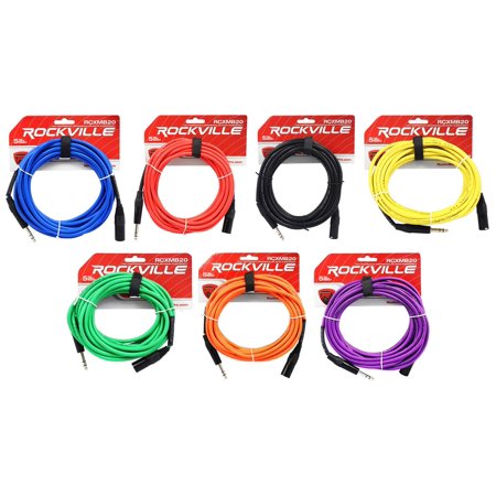 7 Rockville 20' Male REAN XLR to 1/4'' TRS Balanced Cable OFC (7 Colors)