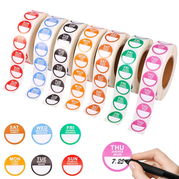 7 Rolls Removable Weekday Stickers 7000 Round Dots Food Labels Colorful Restaurant Day Stickers Weekday Labels for Kitchen,Style 2