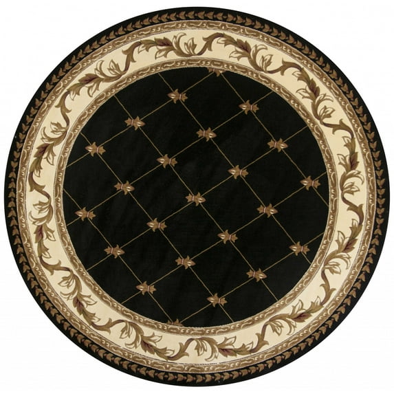 7' Round Black Diamond Fleur de Lis Bordered Indoor Area Rug