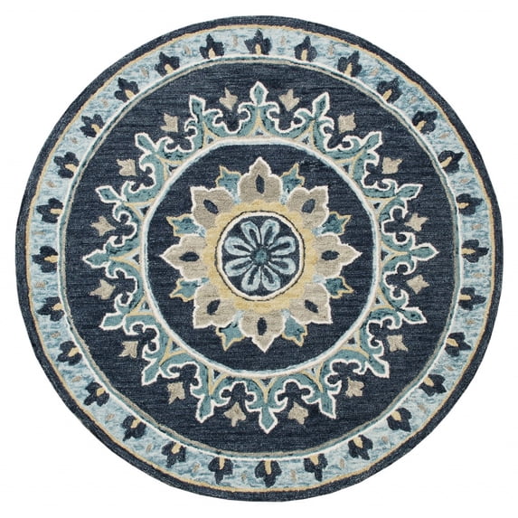 7’ Round Blue Floral Medallion Area Rug
