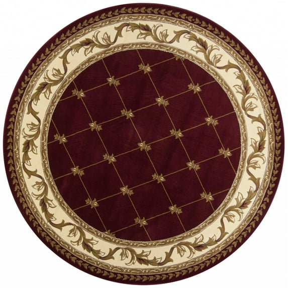 7' Round Burgundy Diamond Fleur de Lis Bordered Indoor Area Rug