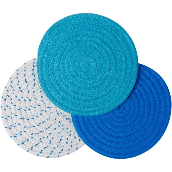 7'' Round Cotton Trivets for Hot Pots, Kitchen Pot Holders Set, Blue