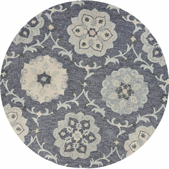 7’ Round Gray Floral Trellis Area Rug