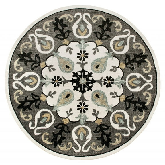 7â€™ Round Gray and White Floral Medallion Area Rug